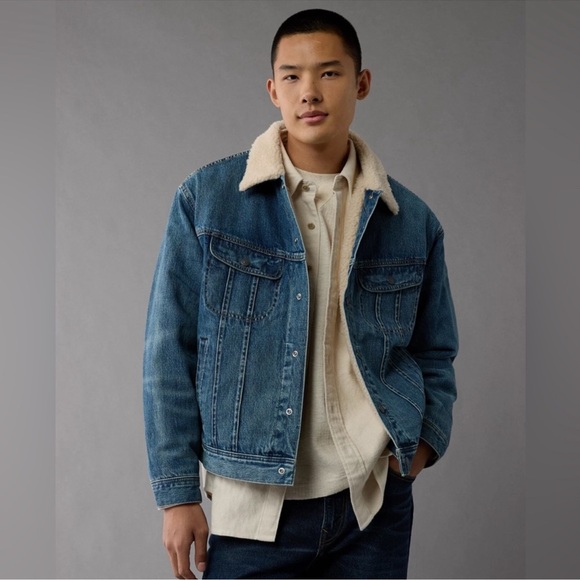 American Eagle Sherpa Denim Jean Tucker Jacket Sz S Blue Cream Heavy chunky